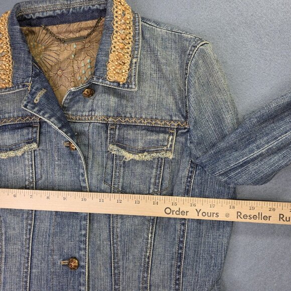 Elie Tahari Denim Jean Jacket Women Small Blue Distressed Embellished Lined Boho - Picture 10 of 13